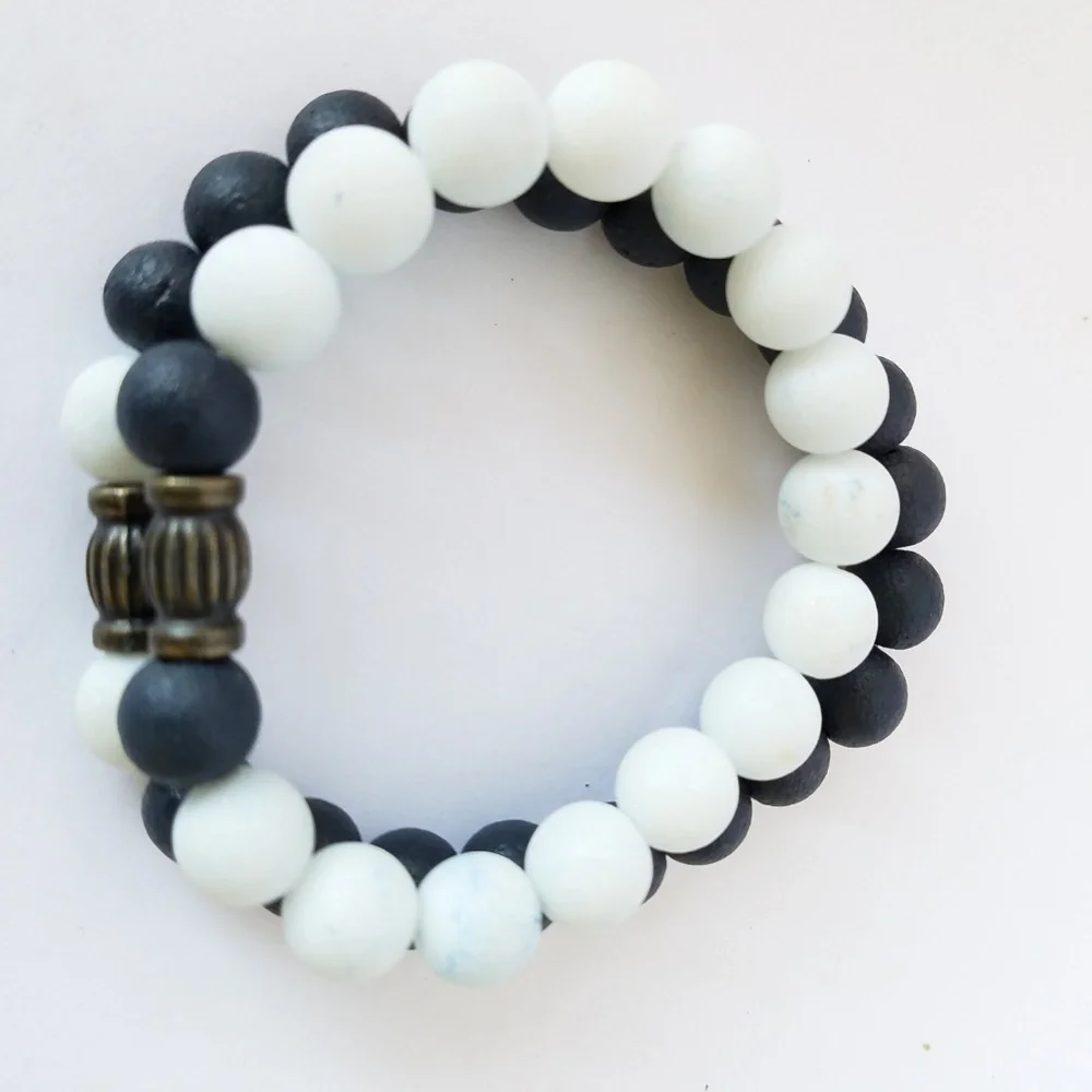 Hand Crafted Couple's Navy White Stone Beaded Bracelets Lava Stretch